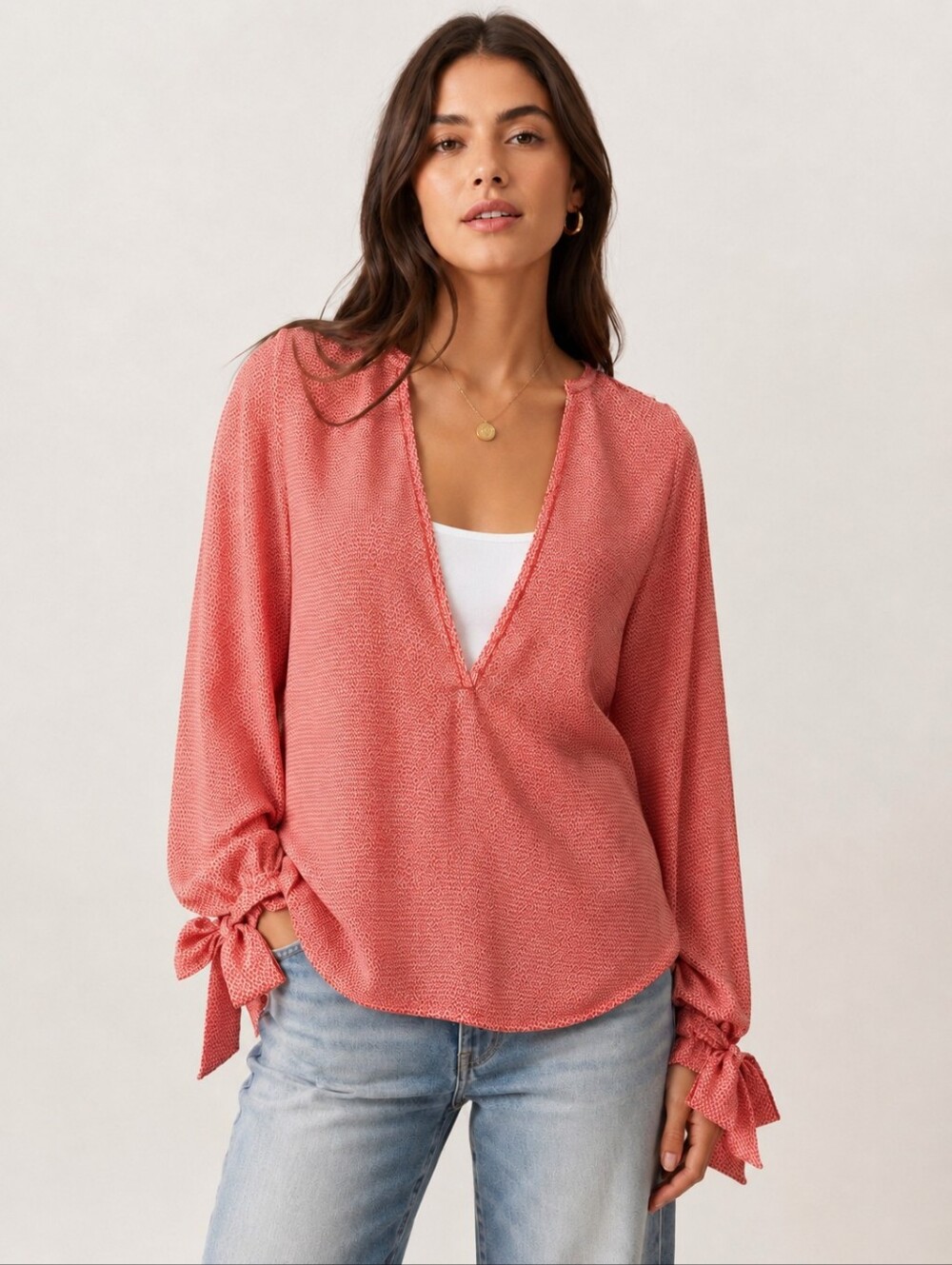 ❤️ C/MEO COLLECTIVE DEEP V-NECK BOW CUFF BLOUSE / TOP, MEDIUM